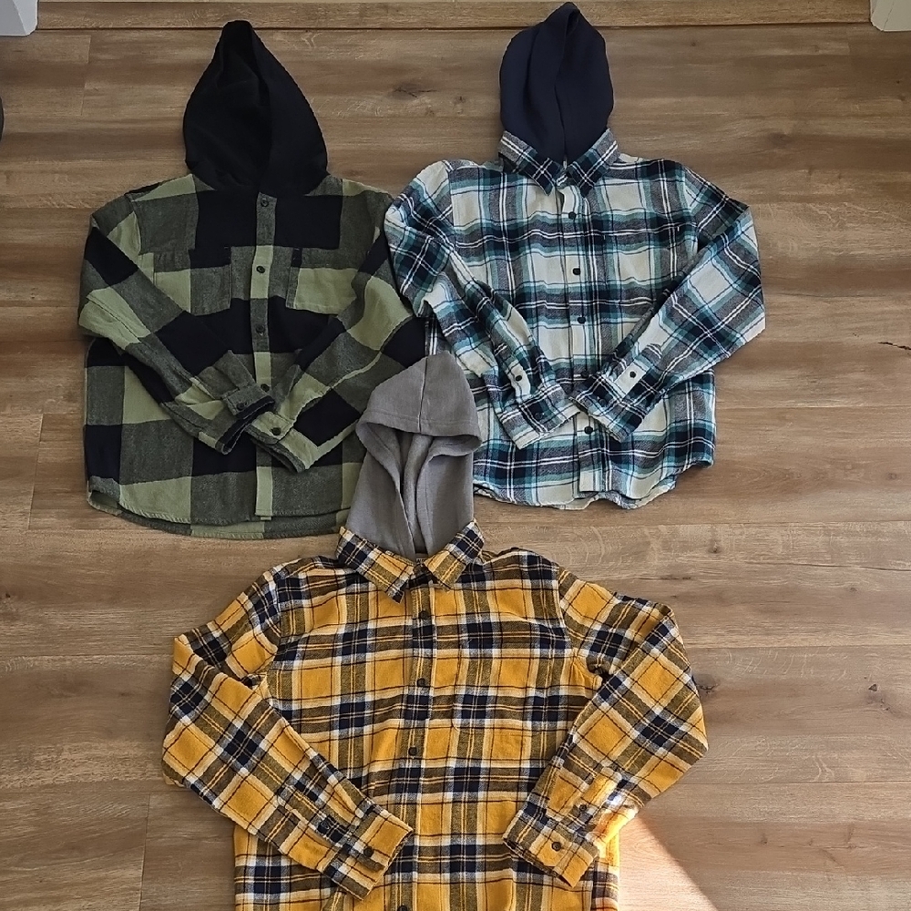 Plaid Hooded Kids Shirt - Green, Blue, Yellow